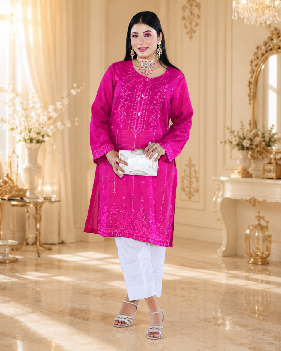 Chic Tradition – Embroidered Pink Satin Lawn Ensemble