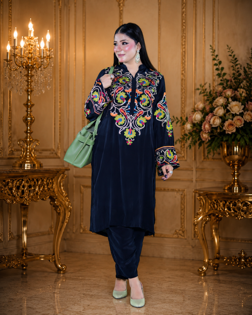 Elegant Black Kurta with Vibrant Floral Embroidery