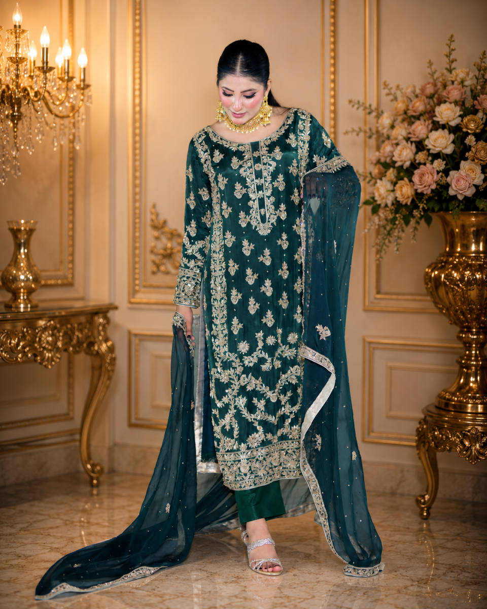Emerald Grace: Handcrafted Silk Suit with Dupatta