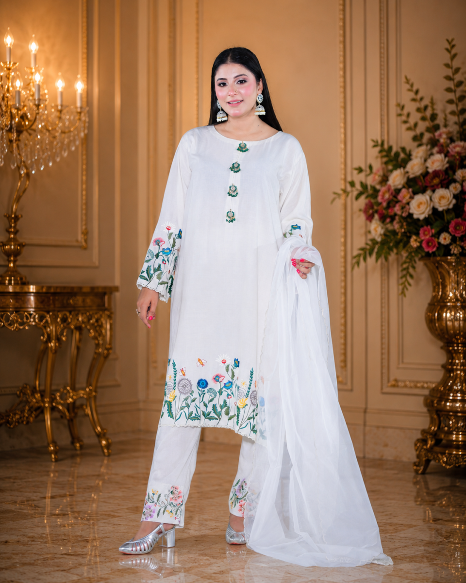 Floral Grace – White Karandi Dress with Organza Dupatta