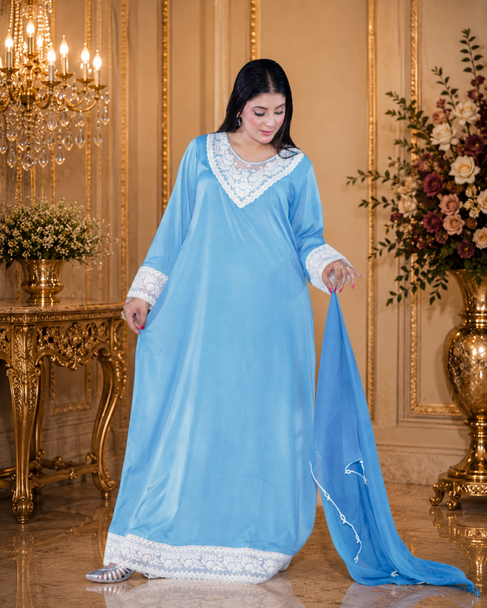 Sky Blue Elegance – Emirati Mukhawar Set with Antique Lace & Headscarf