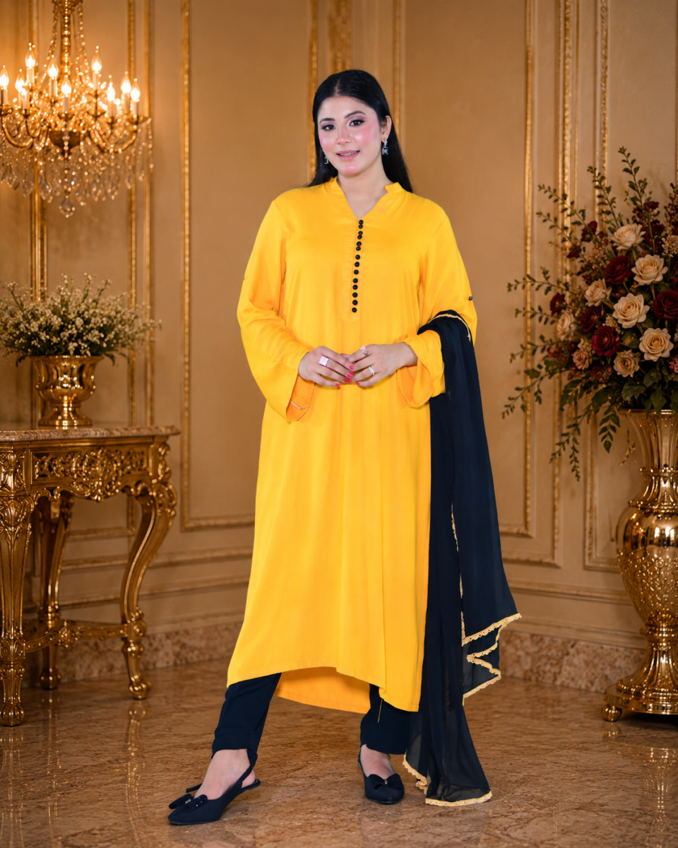 Sunshine Elegance – Premium Marina Chaar Suti Long Gown with Organza Dupatta