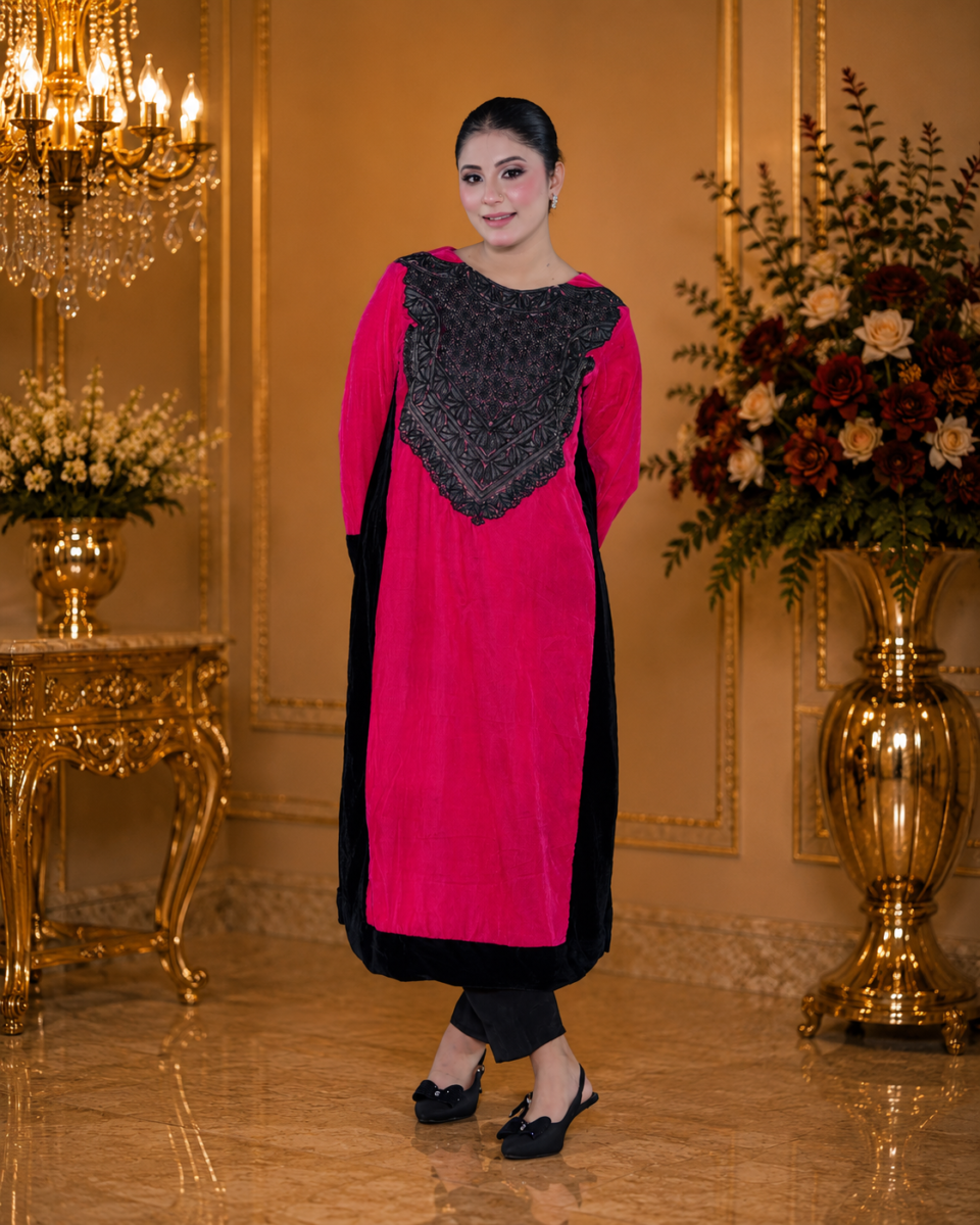 Velvet Radiance- Imported Velvet Long Shirt with Satin Embellishments