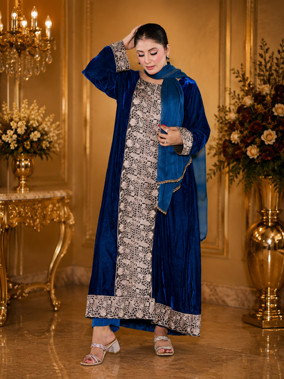 Velvet Elegance – Exquisite Emirati Mukhawar Set with Organza Headscarf