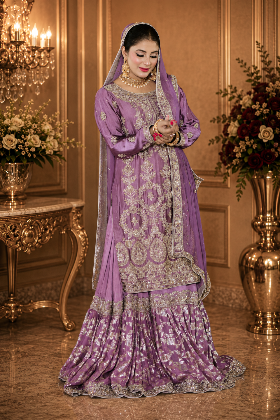 Festive Grandeur – Lavish Tissue and Organza Jamawar Sharara Outfit