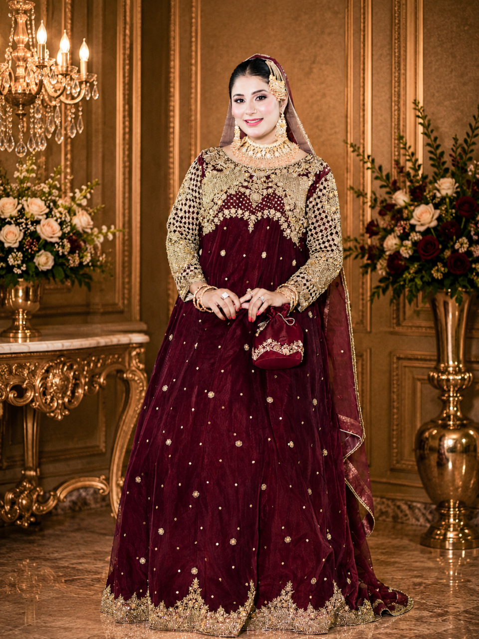 Festive Luxe – Maroon Maxi with Net Dupatta and Silk Trousers