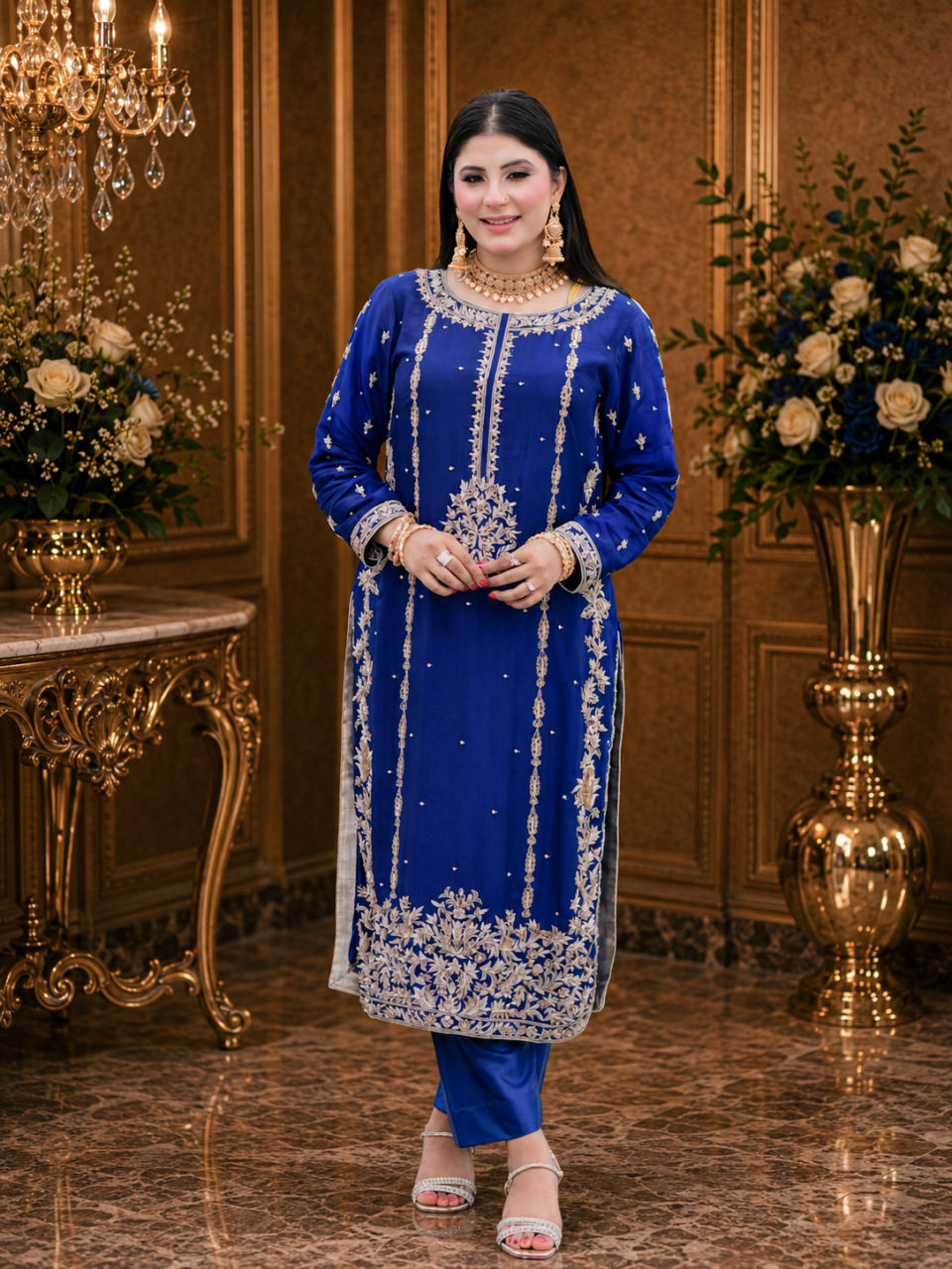 Royal Blue Embroidered Silk Ensemble